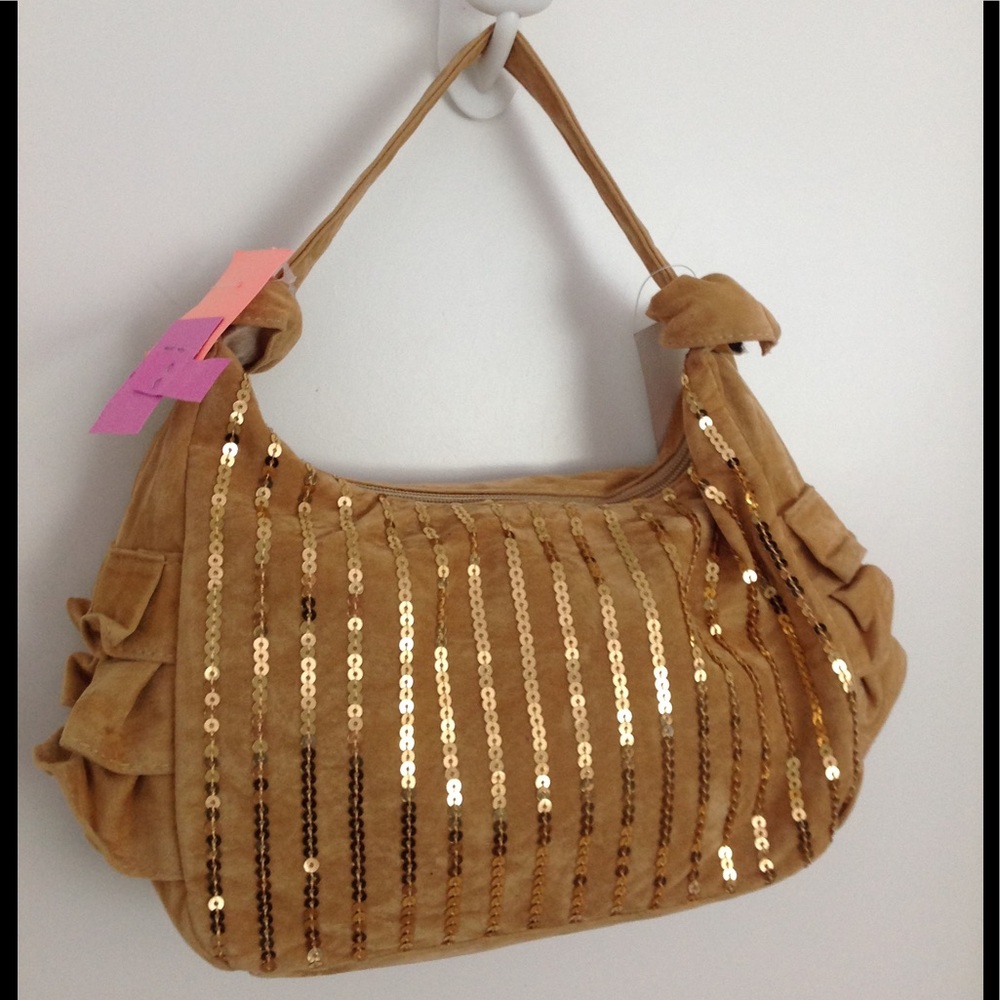 2/$100 Sequinned Handbag, Gold/Tan colour velvet style w gold sequins